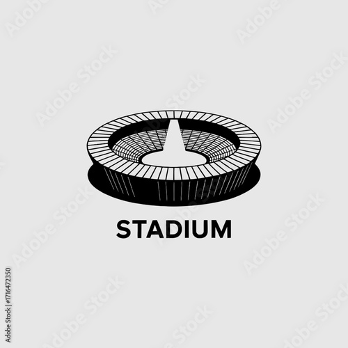 Monochrome Illustration of a Sporting Stadium Architecture and Design with Seating Rows and Central Playing Field Arena