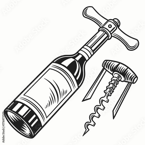 A vintage metal wine corkscrew with a spiral screw and handle is isolated on a white background