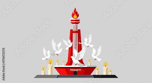 Symbolic Monument with Flame, Doves, and Candles Representing Peace and Remembrance