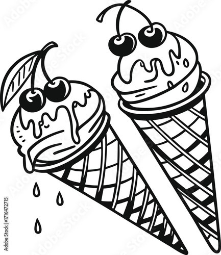 Funny fish vector cartoon drawing of a cold ice cream cone