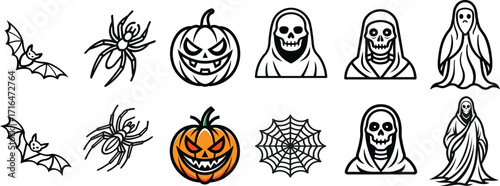 Halloween icons isolated on white background with bats, spiders and pumpkins