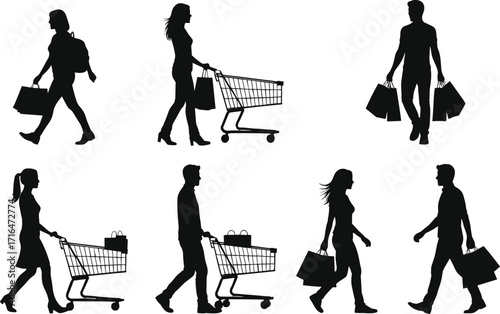 Silhouettes of people shopping, men and women walking, carrying bags, pushing carts, black figures for retail, market, commercial use