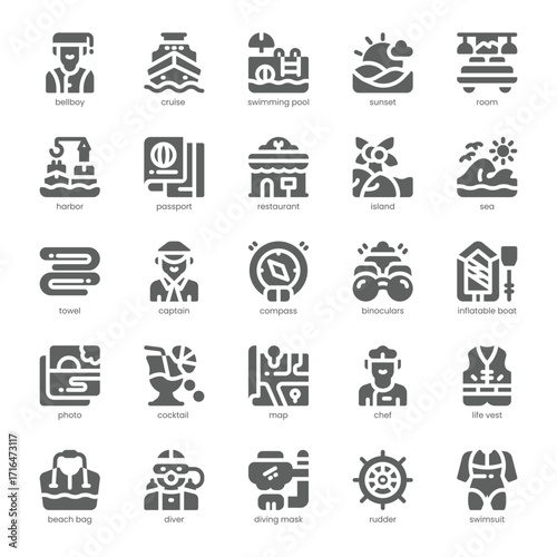 Cruise Vacation Icon pack for your website, mobile, presentation, and logo design. Cruise Vacation Icon solid design. Vector graphics illustration and editable stroke.