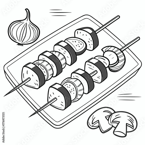 Isolated food vector illustration of grilled honey meat and vegetables on a skewer