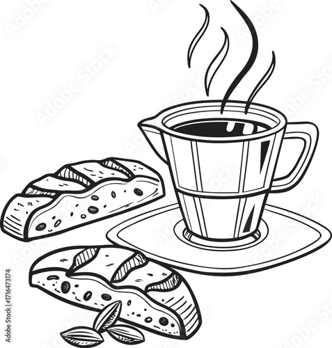 Morning hot beverage of coffee or cappuccino in a brown ceramic mug, a breakfast symbol with croissant and cake on the saucer
