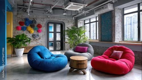 Colorful lounge area with beanbag chairs