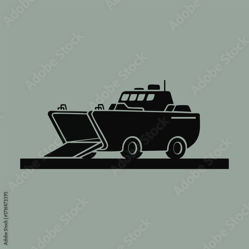 Black silhouette icon of an amphibious vehicle with front ramp lowered on a solid gray background