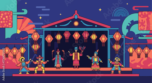Traditional Asian Performance on Stage with Lanterns and Colorful Decorations