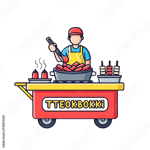 Street food cart selling tteokbokki, with vendor stirring the spicy rice cakes in large pot, steam rising, and bottles sauce, isolated on transparent