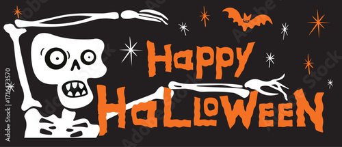 Halloween party poster, flyer with scull. All saints day holiday. Masquerade creepy invitation, template. Helloween advertising design layout.