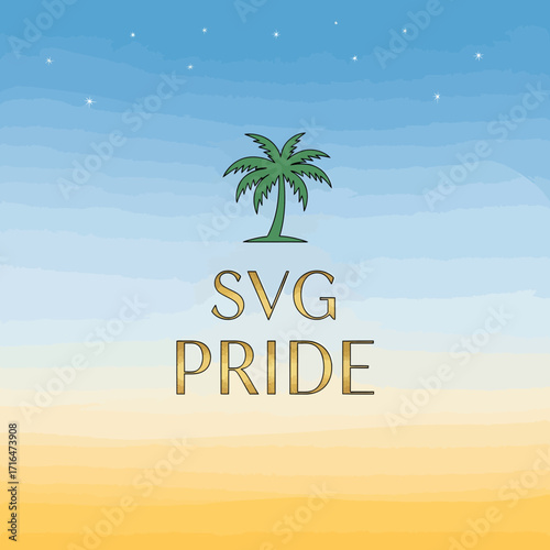Tropical Palm Tree and "SVG Pride" Text on Sandy Beach and Blue Sky