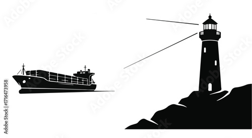 Cargo ship sails past a guiding lighthouse on a rocky shore, symbolizing navigation and safety.