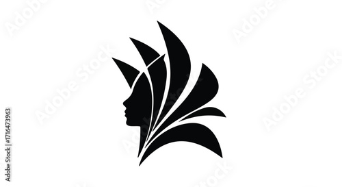 Elegant profile silhouette of a woman with flowing, abstract hair resembling feathers or flames, symbolizing beauty and creativity.