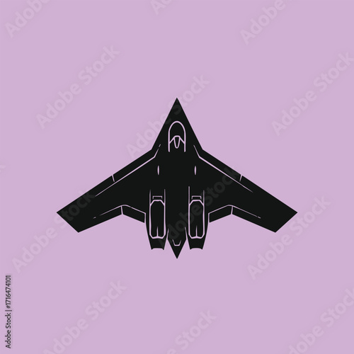 Top view silhouette of a modern military stealth jet fighter aircraft on a solid pastel purple background