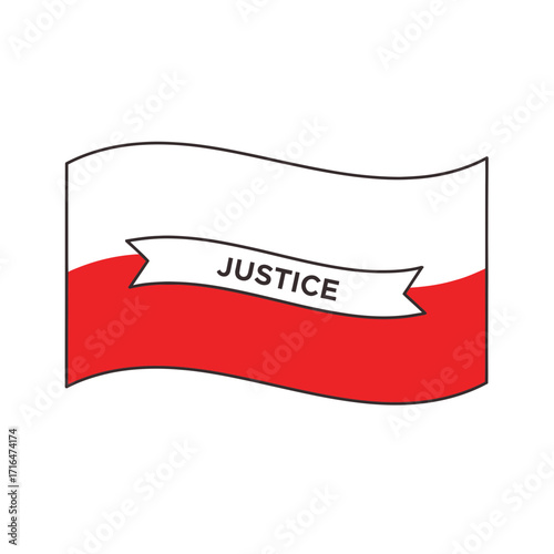 Waving Flag with White Banner Saying 'JUSTICE' Against Red and White Background