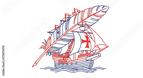 Vintage Sailing Ship and Quill Pen Logo Design, Voyage of Discovery Concept Art