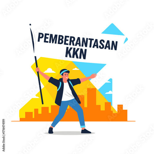 Young Man Holding Flag with Text PEMBERANTASAN KKN, Celebrating Victory Over Corruption