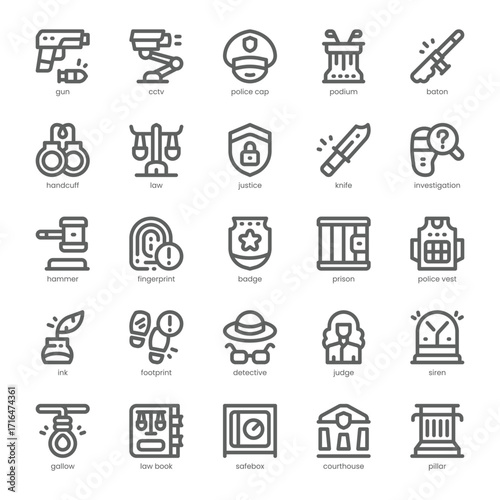 Law and Justice Icon pack for your website, mobile, presentation, and logo design. Law and Justice Icon outline design. Vector graphics illustration and editable stroke.
