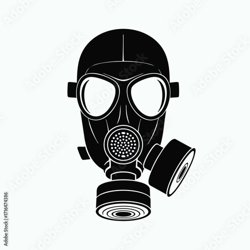 Black silhouette of a protective gas mask with filters and large eye lenses isolated on a white background