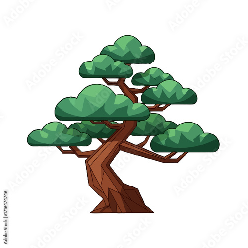 Stylized, cartoonish bonsai tree with green, polygonal leaves and thick, brown trunk, isolated on transparent
