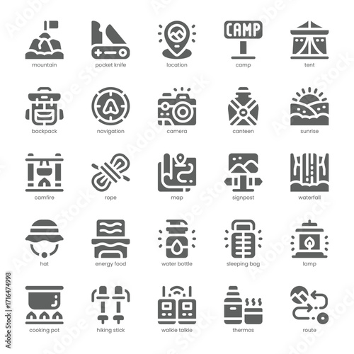 Mountain Adventures Icon pack for your website, mobile, presentation, and logo design. Mountain Adventures Icon solid design. Vector graphics illustration and editable stroke.