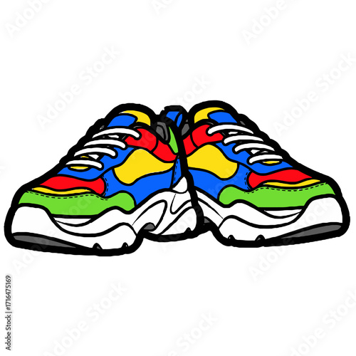 Pair colorful, chunky sneakers with retro design, featuring vibrant blocks blue, red, yellow, and green