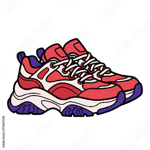 Pair vibrant red and purple chunky sneakers with laces