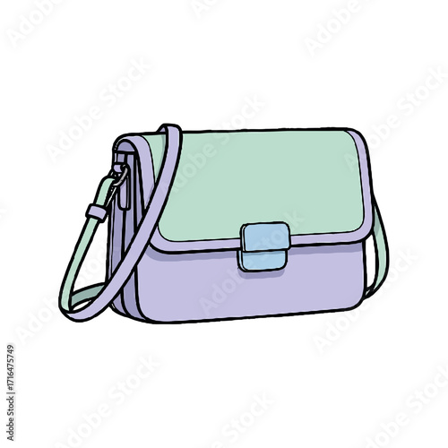 Pastel purple and green crossbody bag with blue clasp and strap, isolated on transparent, perfect for fashion, style, and accessory collections