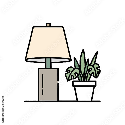 Modern table lamp with beige shade and grey base, placed next to potted green plant with large leaves, isolated on transparent, perfect for home decor and interior design