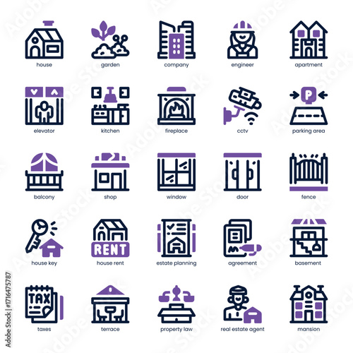 Real Estate Icon pack for your website, mobile, presentation, and logo design. Real Estate Icon dual tone design. Vector graphics illustration and editable stroke.