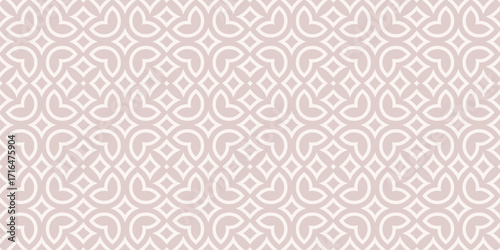Vector floral seamless pattern in arabesque style. Pastel texture with flowers, leaves, petals, curved shapes. Simple geometric background. Abstract oriental ornament. Repeating design for decor, wrap