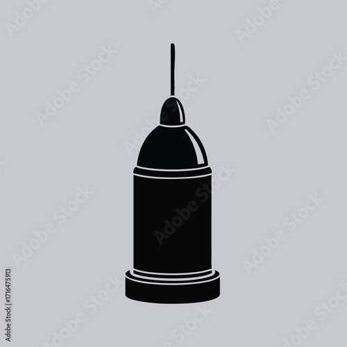 Black silhouette of a hanging industrial pendant lamp with a dome shade on a gray background