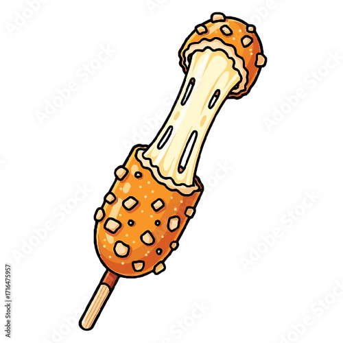 Delicious korean corn dog with stretchy cheese filling, coated in crispy breadcrumbs and deepfried to perfection, popular street food snack