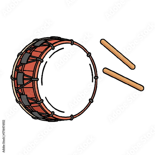 Traditional bass drum with drumsticks, ready to be played, isolated on transparent, symbolizing music and rhythm