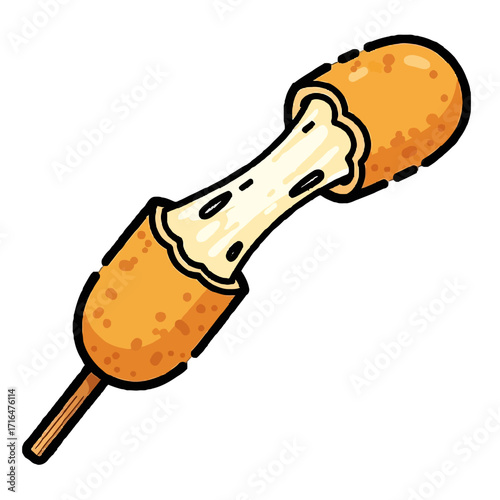 Delicious corn dog, popular street food, is shown with gooey cheese filling stretching between its two halves, on transparent
