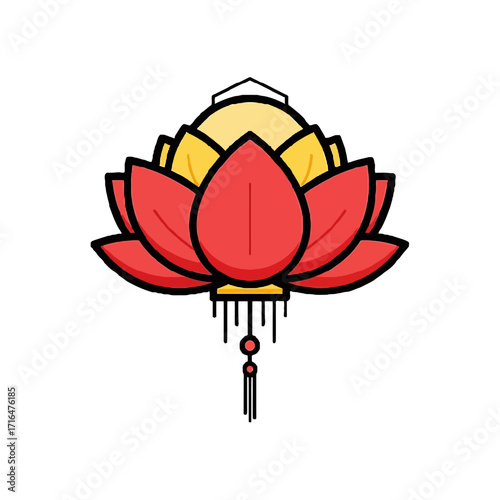 Stylized red and yellow lotus flower lantern with tassel hanging from the bottom