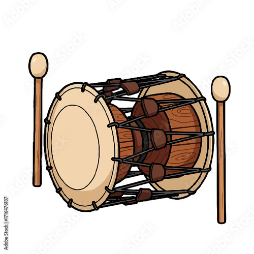 Traditional korean janggu drum with two mallets, doubleheaded hourglassshaped percussion instrument used in korean folk music, isolated on transparent