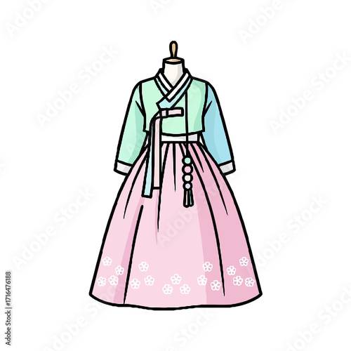 Traditional korean hanbok dress with light blue jeogori and pink chima adorned with floral patterns, displayed on mannequin, isolated on transparent
