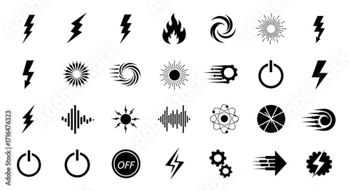 Collection of Black Icons Featuring Lightning Bolts, Flames, Energy Symbols, and Power On/Off Indicators
