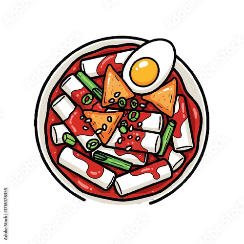 Delicious bowl tteokbokki, popular korean spicy rice cake dish, topped with boiled egg and fish cakes