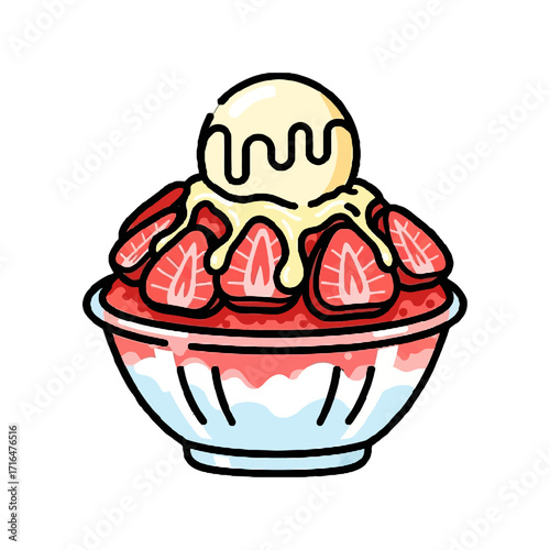 Charming cartoon depiction strawberry bingsu, korean shaved ice dessert, featuring scoop ice cream on top, fresh strawberry slices, and drizzled condensed milk, isolated on transparent
