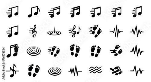 Black and White Icon Set Featuring Music Notes, Footprints, and Wave Patterns