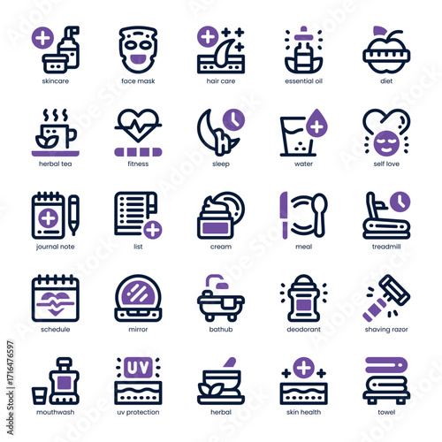 Selfcare Routine Icon pack for your website, mobile, presentation, and logo design. Selfcare Routine Icon dual tone design. Vector graphics illustration and editable stroke.