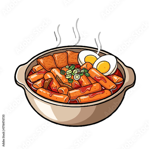 Steaming bowl korean tteokbokki, popular spicy rice cake dish with fish cakes and boiled eggs, served in traditional pot
