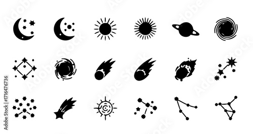 Celestial Icon Set Stars, Planets, Comets, and Cosmic Elements in a Simple Black & White Style
