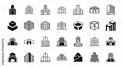 A versatile set of minimalist architectural icons representing urban structures and modern building concepts in a clean, isometric line art style