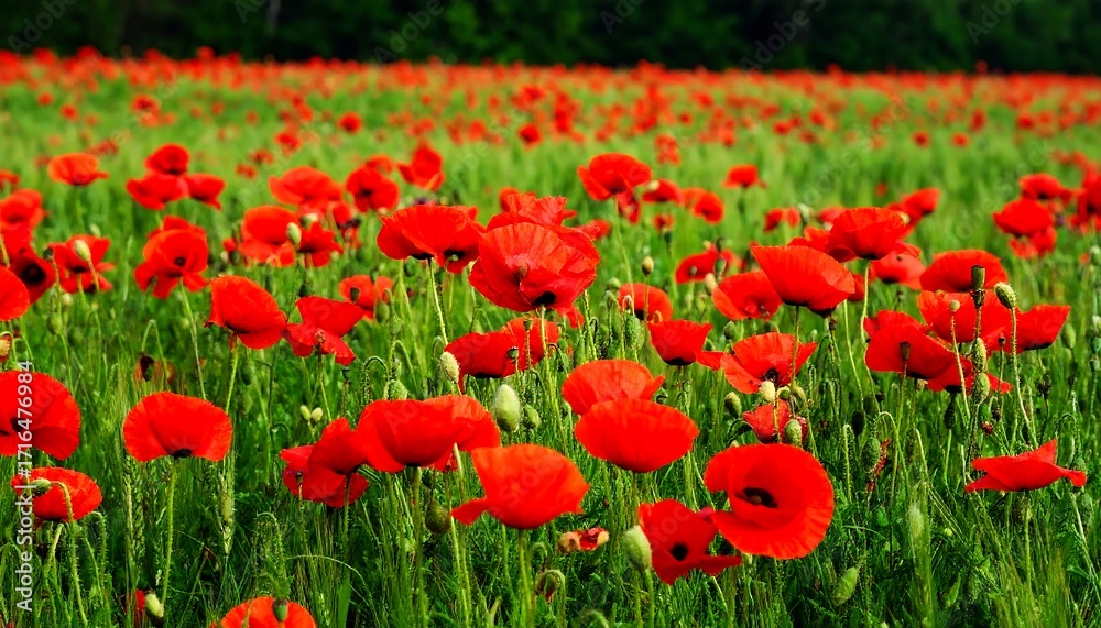Fototapeta premium Vibrant red poppy field in a green field