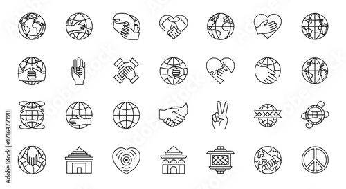 Collection of World Peace and Unity Icons Earth, Hands, Hearts, and Symbols of Harmony