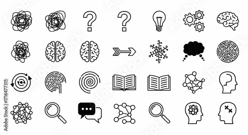 A diverse set of thin line icons illustrating the concept of human thought, from complex problem solving to creative ideas