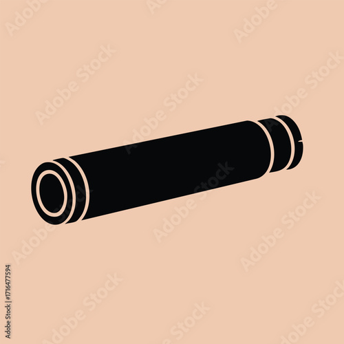 Black silhouette of a rolled yoga mat isolated on a beige background representing fitness and exercise equipment